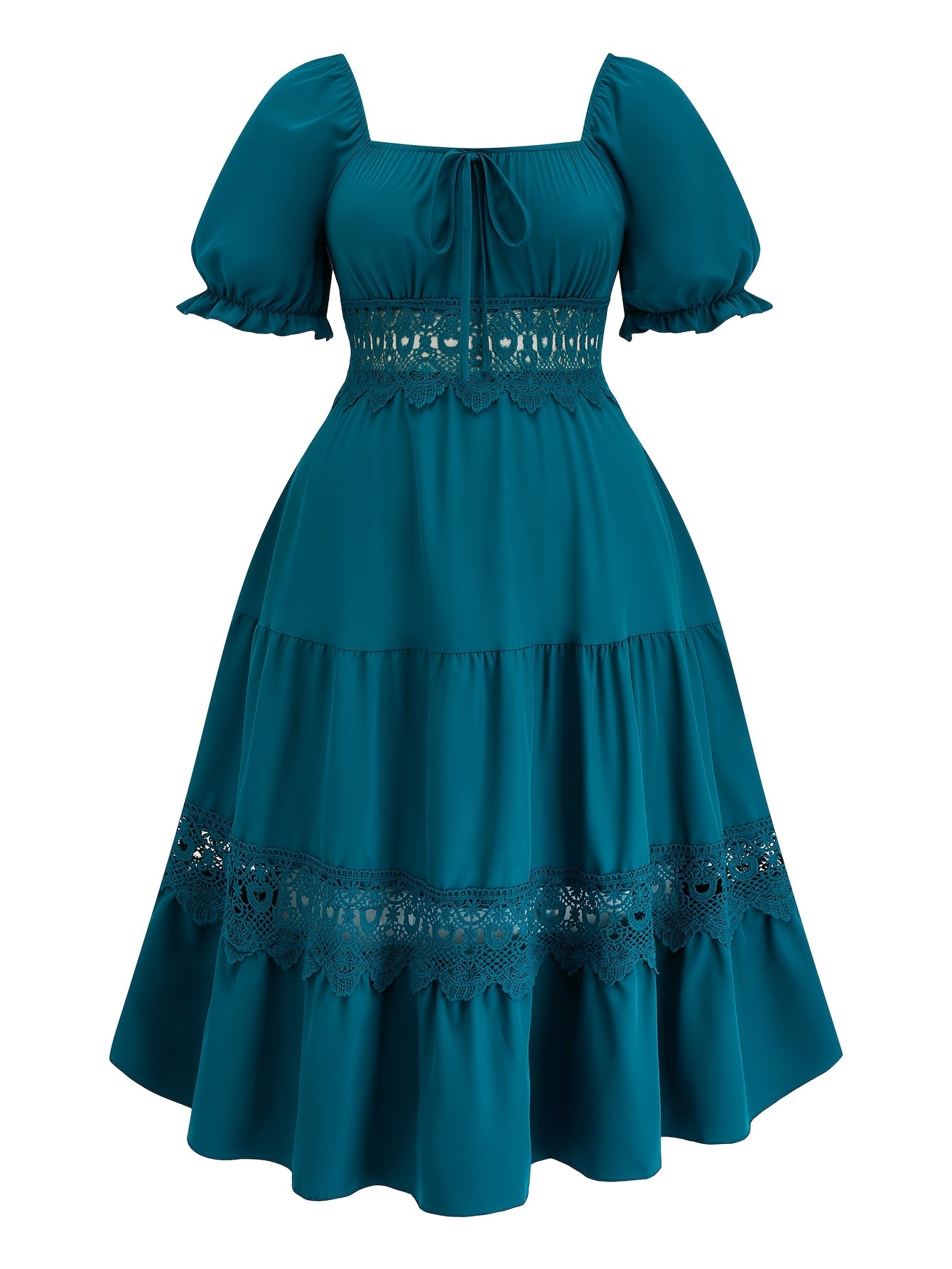 Stylish V-Neck Midi Dress with Lace Detail - Short Sleeve, Polyester & Spandex Blend, Ideal for Spring/Summer/Fall