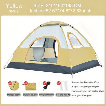 Portable camping tent with sun protection, dual doors, and windows for ventilation, made of durable polyester fabric for family outdoor adventures.