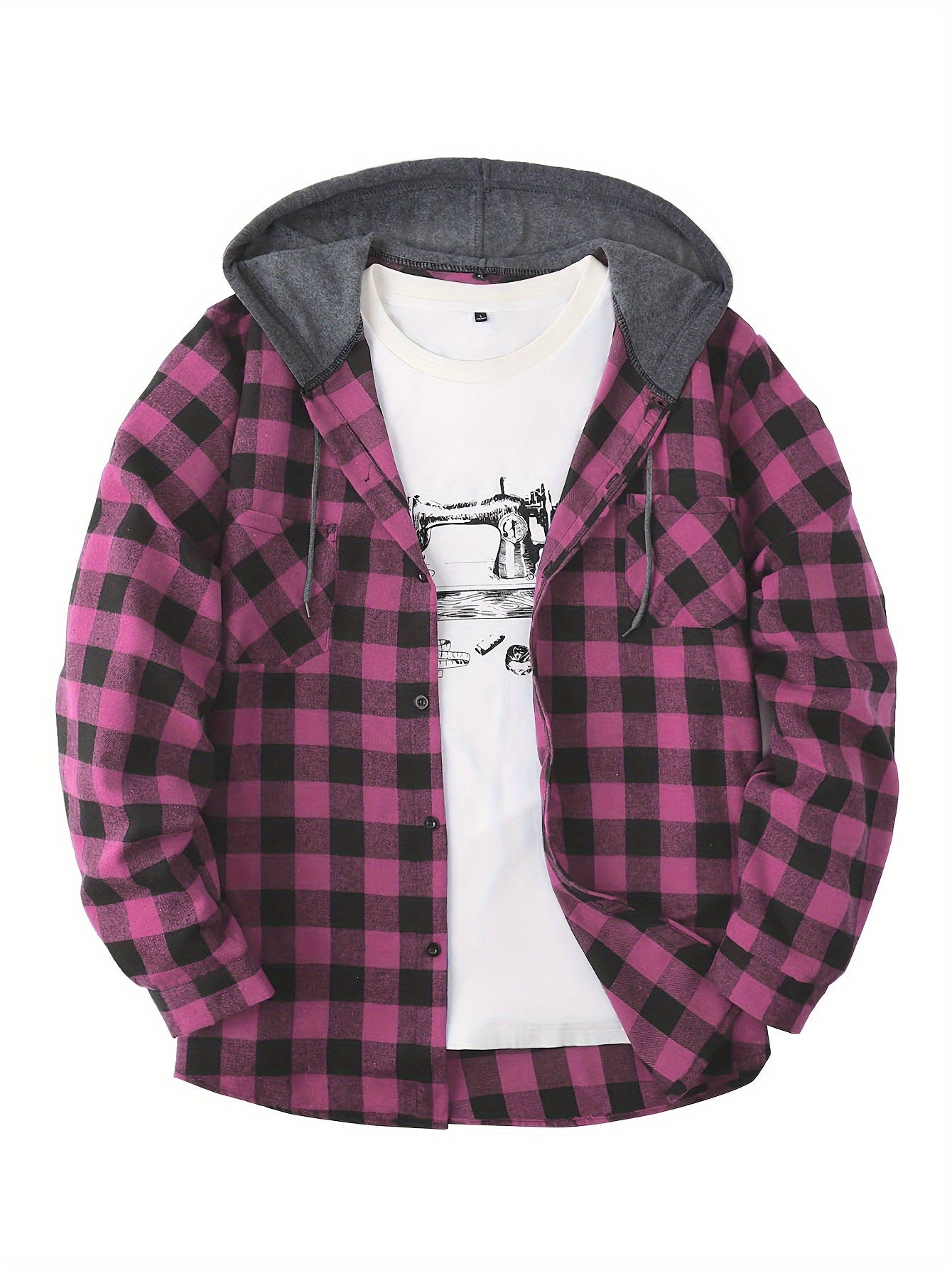 Men's plaid hooded shirt jacket with long sleeves and a regular fit.