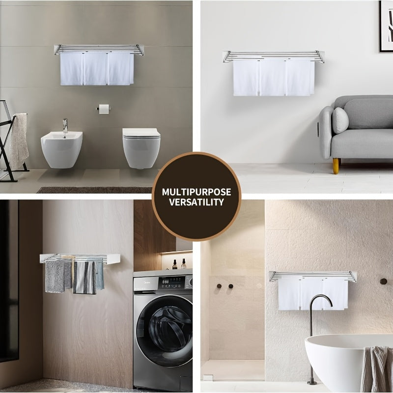 This towel drying rack is foldable and can be easily hung on the wall, making it perfect for use in the bathroom, balcony, living room, or dormitory. It is made of metal and comes in black or white. Each purchase includes 1 piece of the drying rack.