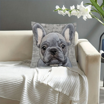 Grey Bulldog design throw pillow cover - 45.72x45.72cm, soft linen, machine washable with zipper closure. Ideal for home, office, or party decor.