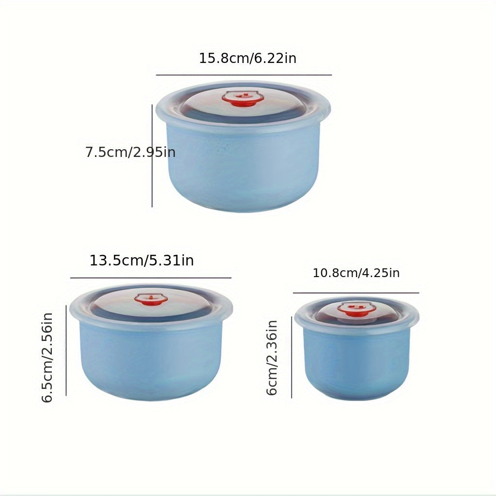 Set of 3 round plastic storage containers with leak-proof, reusable, multipurpose flip-top lids for kitchen organization. Made of wheat straw material, these fresh-keeping bowls are perfect for storing grains, fruits, vegetables, and meals. Easy to hand