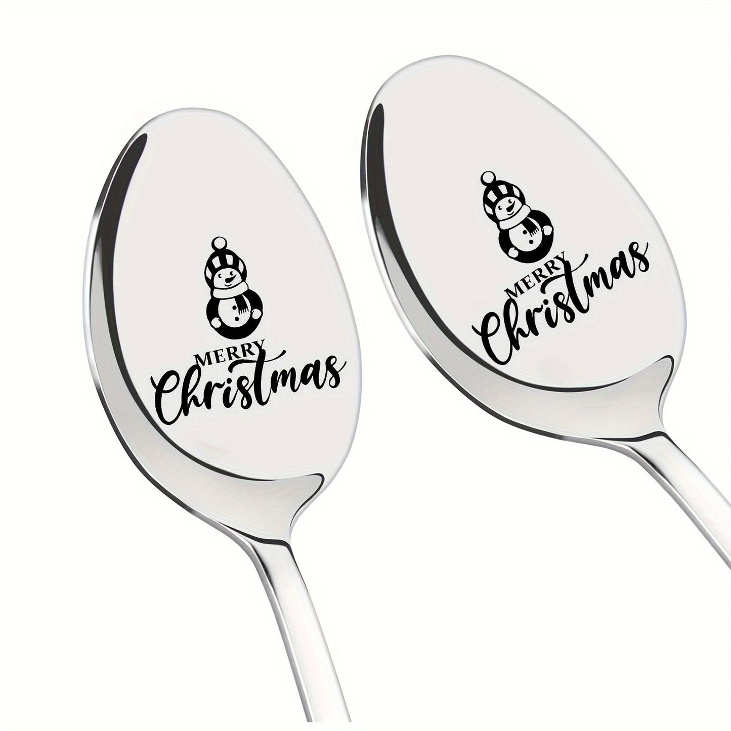 Get a set of two stainless steel spoons with laser-engraved long handles featuring a festive Merry Christmas design. These spoons are great for Halloween or Christmas gifts, themed party favors, and are perfect for friends, family, classmates, and