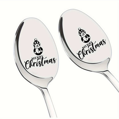 Get a set of two stainless steel spoons with laser-engraved long handles featuring a festive Merry Christmas design. These spoons are great for Halloween or Christmas gifts, themed party favors, and are perfect for friends, family, classmates, and