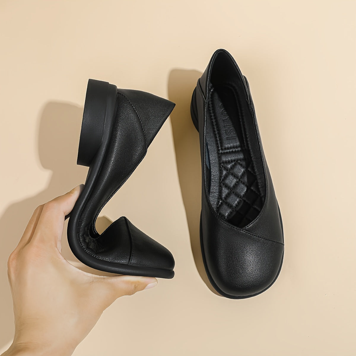 Minimalist women's dress shoes: Lightweight microfiber flats with round toe, solid color, rubber sole. All-season work footwear, no need to wash. Crafted in Huizhou.