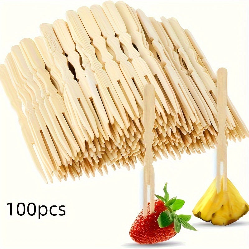 100/200pcs Mini Bamboo Cocktail Forks for appetizers, fruits, pastries, and desserts. 8.89cm in length.