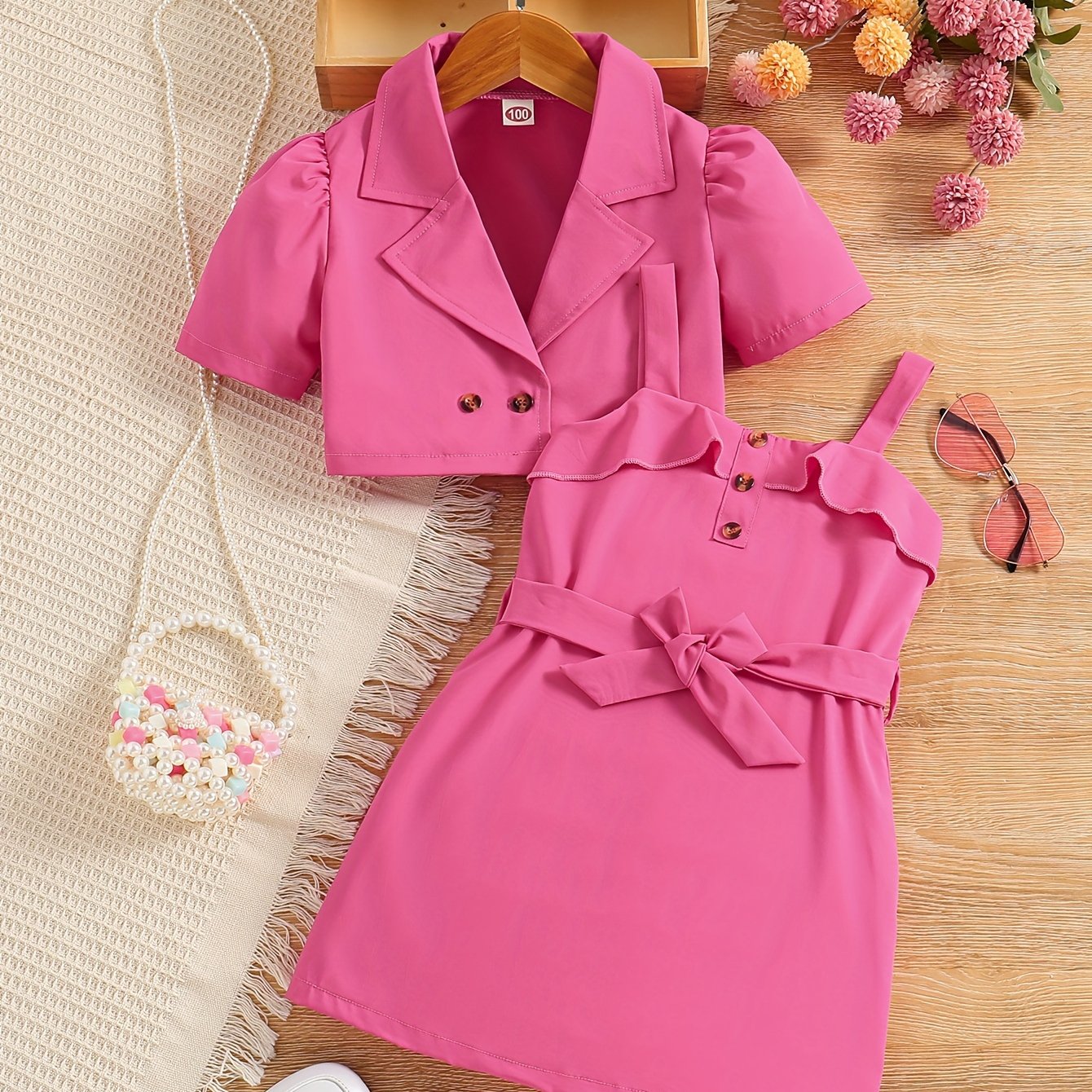 HWMFSNHFZ chic girls' summer outfit: light pink short sleeve blazer & sundress set with ruffled details, ideal for daily wear and playdates. Made of polyester, non-stretch fabric, perfect