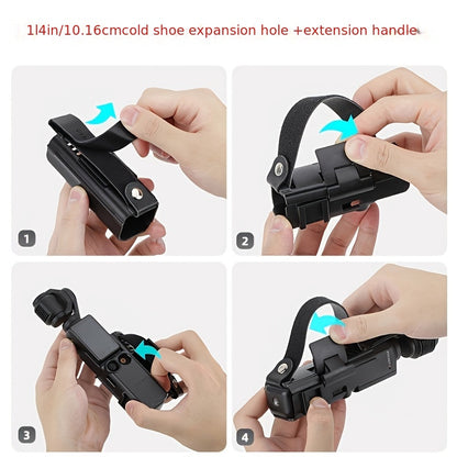 Accessory kit for DJI Pocket 3 with anti-drop strap, cold shoe extension handle, protective frame, and extended handle.