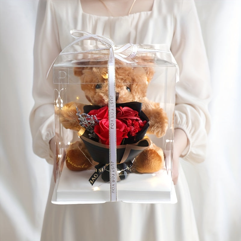 Valentine's Day Gift Box featuring a Adorable Bear Bouquet, Soap Flower Bear Holding Flower Main Gift, Ideal for Christmas, Birthdays, Nurse's Day, Teacher's Day, and other Special Occasions. Simple Assembly Required. Great All-Purpose Gift Box.