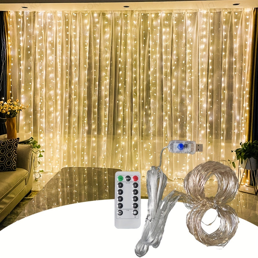 1pc HIUAN 600LED Fairy Curtain String Lights, 5.97m x 298.7cm, USB Powered, Remote Controlled, Classic Yellow LED Garland for Various Occasions, Home Decor, No Batteries Needed.