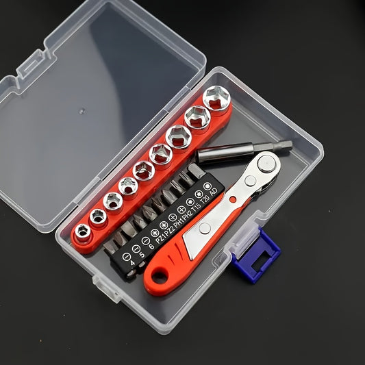 1pc Manual Tool Kit with 36 Teeth Mini Gear and Socket Wrench for narrow space repairs. Features L-shaped handle and red color. No assembly required.