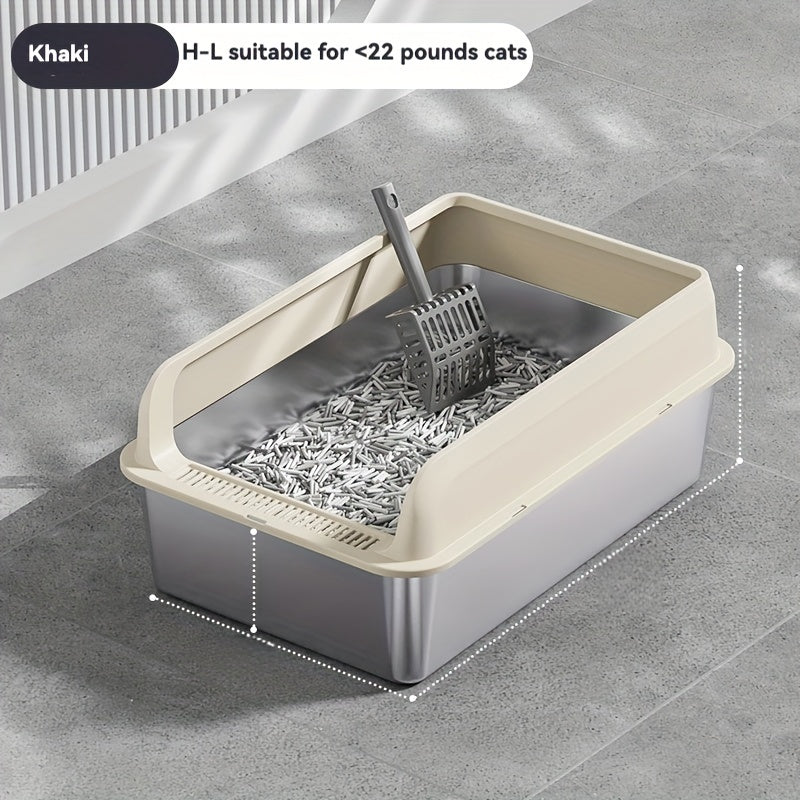 Large stainless steel litter box with splash guard cover for easy cleaning.