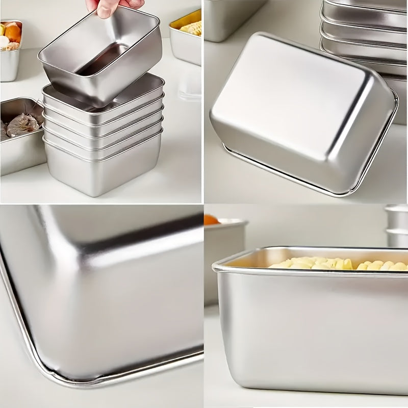 Set of three stainless steel food storage containers with lids - square shape, manual operation, no electricity required - ideal for use in the kitchen and dining area.