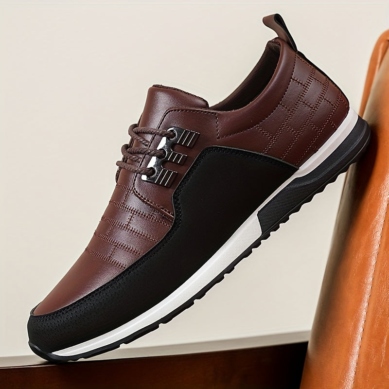 Men's casual business sneakers with a solid color faux upper, fabric lining, EVA insole, and PVC sole. Features a round toe, low-top design, and lace-up closure for daily and leisure wear.