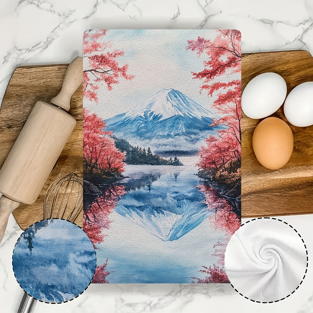 Set of 2 Ultra Plush Kitchen Towels featuring Mt. Hachiroku & Cherry Blossom Patterns, Super Absorbent Dish Towels, Easy to Clean, 40.64x60.96 cm - Perfect for Festive Home Decor