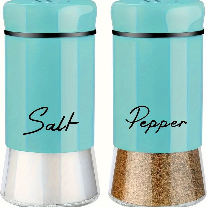 Glass bottom salt and pepper seasoning jars with stainless steel lids, ideal for use in kitchens, camping, RVs, and barbecues. Fillable design, set includes 2 pieces.