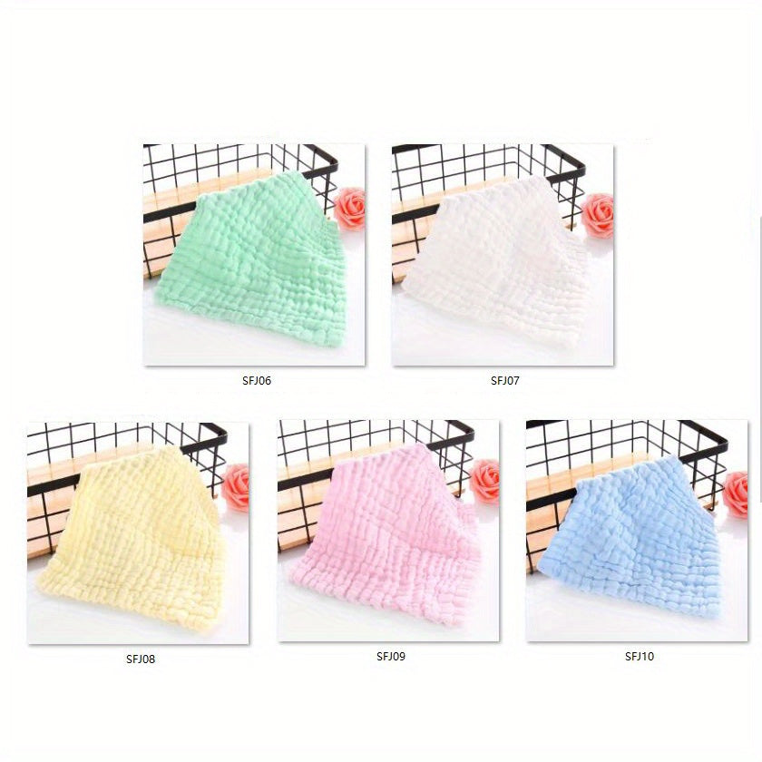 Five pieces of cotton muslin washcloths, soft face cloth for newborns. These absorbent, soft towels are gentle on sensitive baby skin, perfect for wiping, burping, or using as face cloths. Each cloth measures 29.97x29.97 cm.