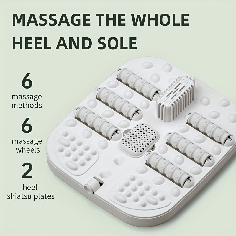 Portable foldable foot spa with heat, bubbles, vibration, red light, acupressure massage points, and temperature control for relaxation.