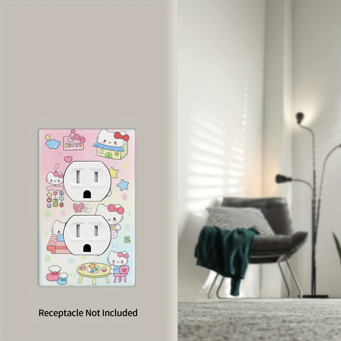 Hello Kitty cartoon dual socket cover, easy to install without wiring, heat-resistant and fade-proof. Decorative wall plate with smooth edges for home improvement. Includes painted screw.