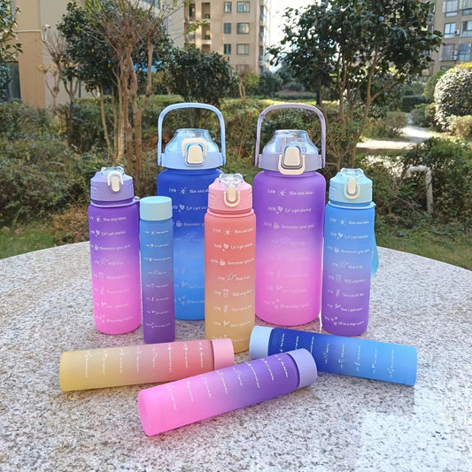 Motivational water bottle set with three sizes (300ml, 700ml, 2L) for sports and outdoor activities. Great for camping, hiking, and fitness. Perfect for summer and also makes a great birthday gift.