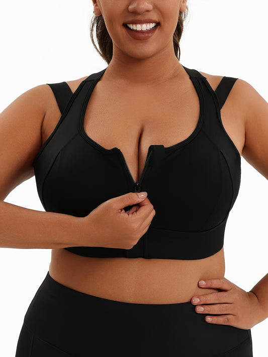 Plus Size Sports Bra with Front Zip Closure, High Support for Fitness, Breathable and Comfortable Active Wear for Basketball and Yoga.