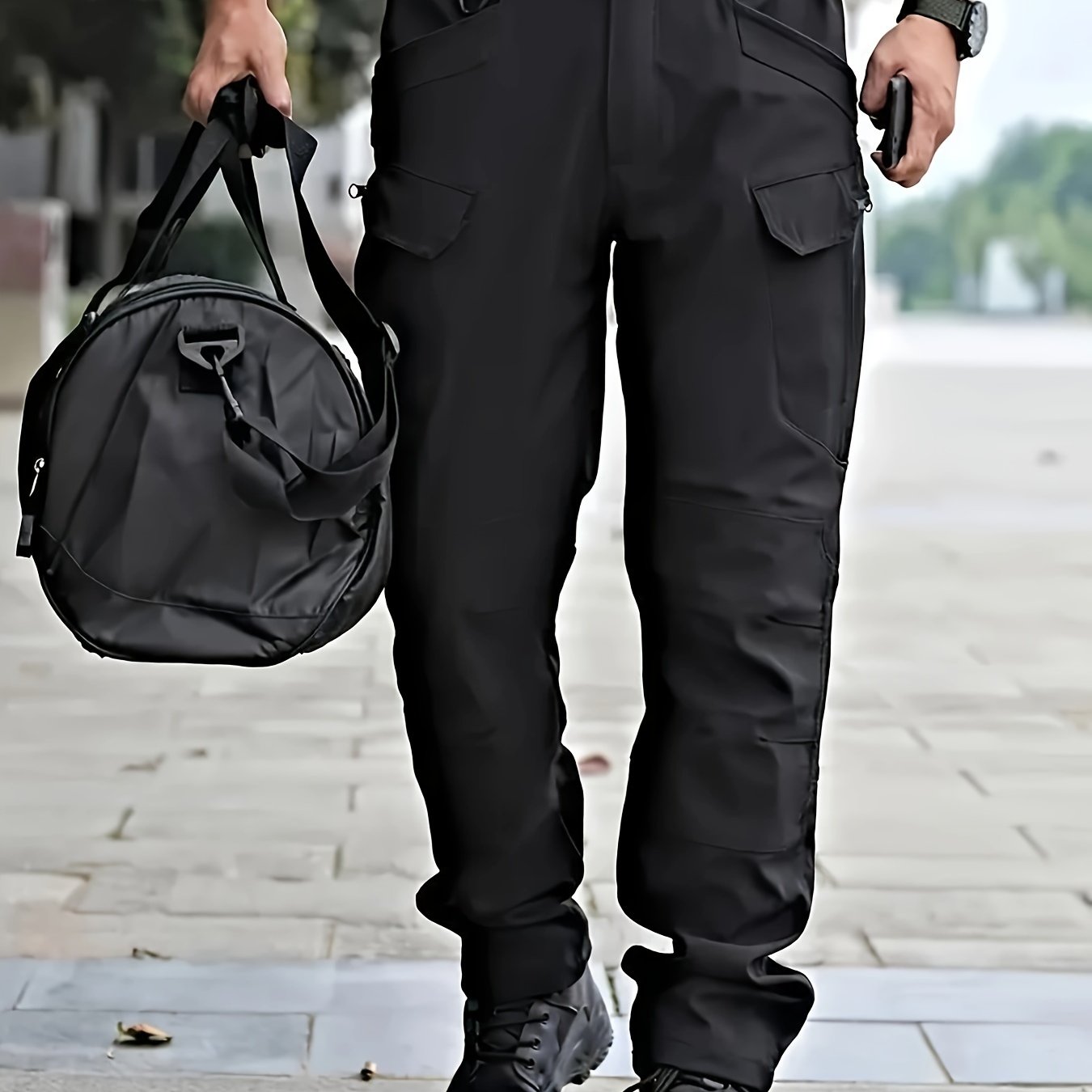 Durable polyester/spandex blend cargo pants for men with multiple pockets, machine washable, casual style