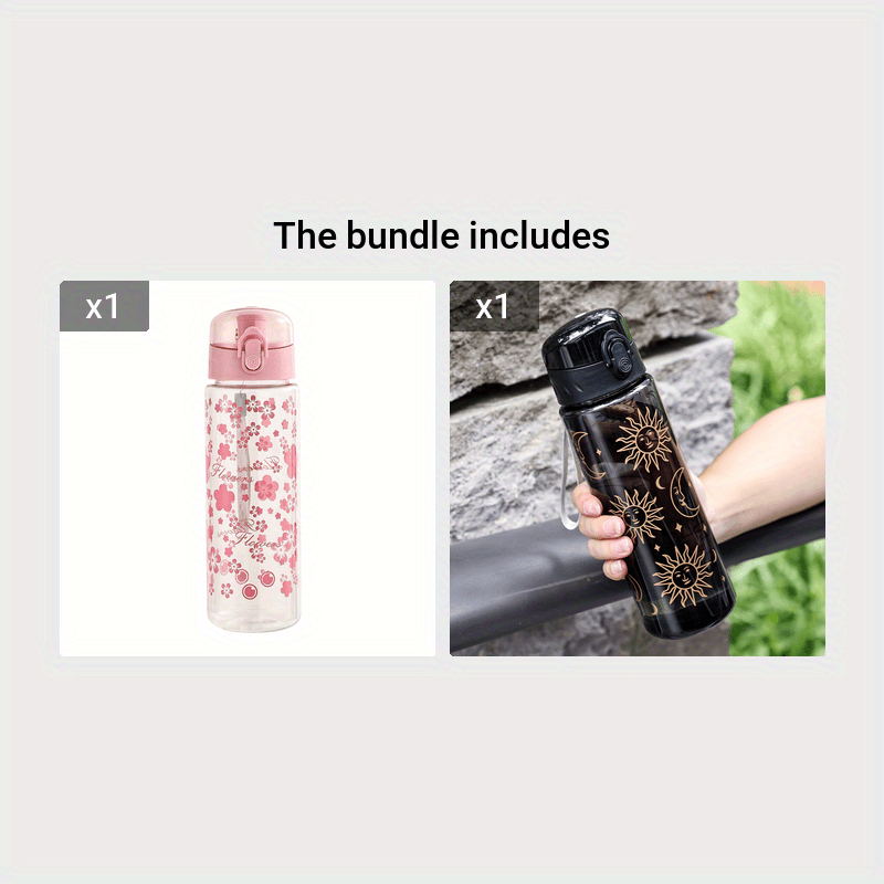 18.6oz water bottle with celestial design, portable and durable PC plastic, high-quality, PVC-free, black lid, white strap - ideal Valentine's gift