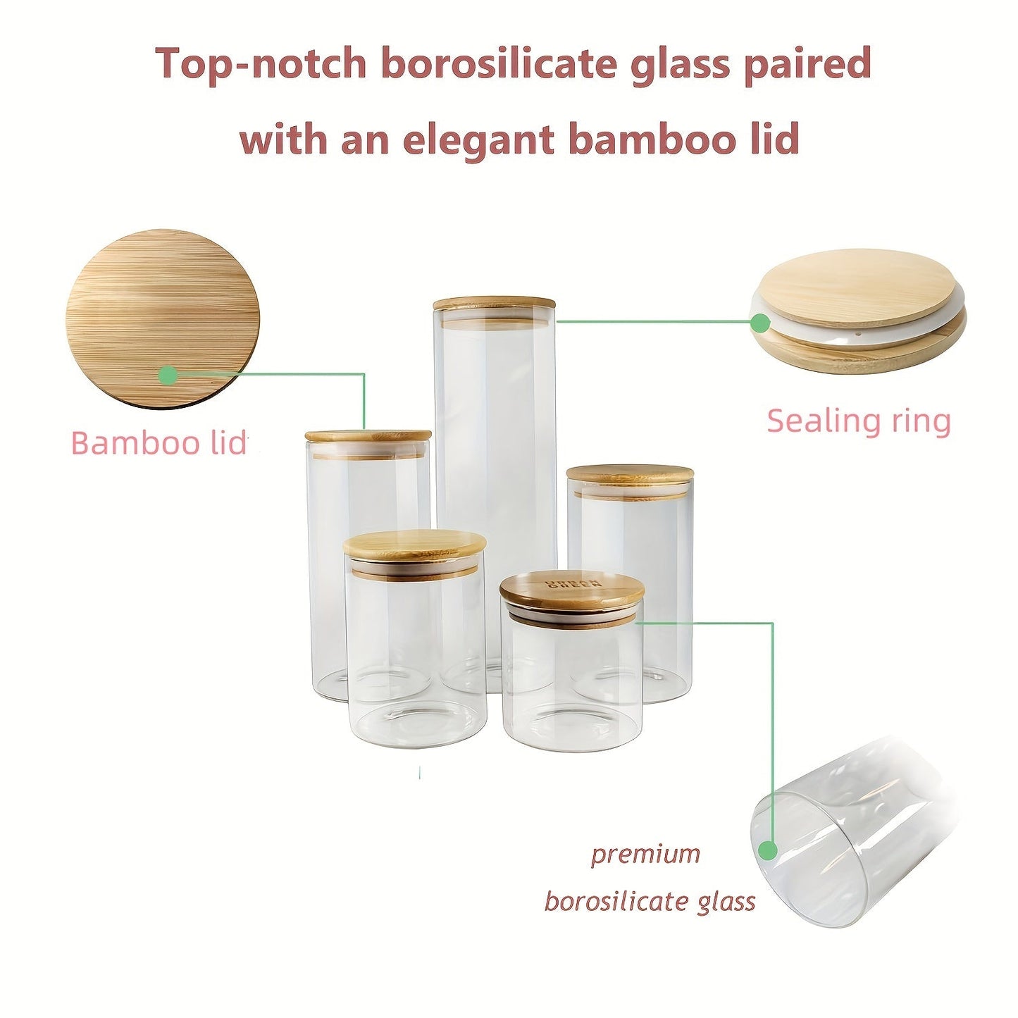 Set of 5 glass food storage jars with bamboo lids, perfect for storing dry goods such as pasta, tea, and nuts. These airtight kitchen canisters are made from high borosilicate glass with a large capacity. No electricity is needed to use these food-safe