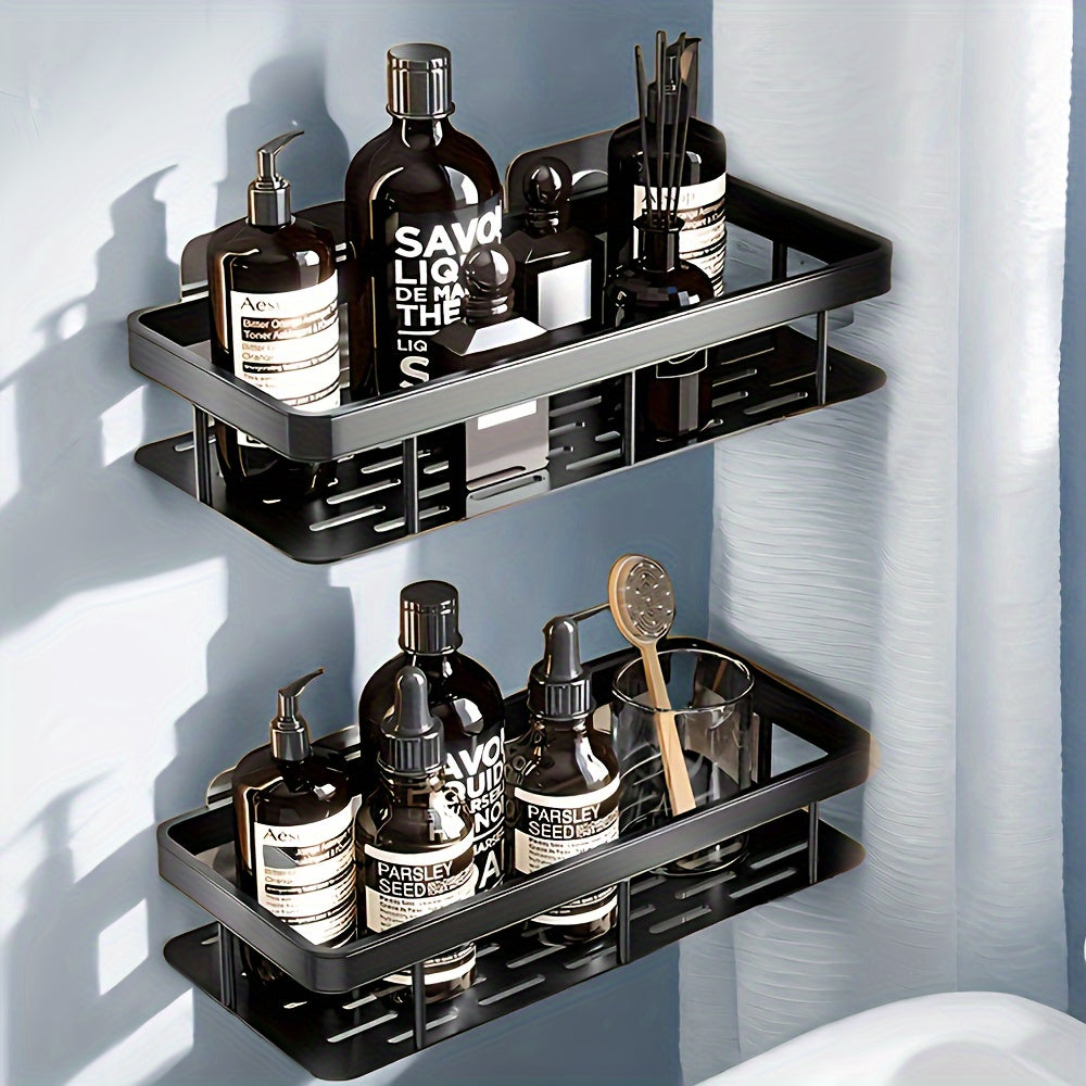 Rustproof metal shower caddy holds two bottles without drilling