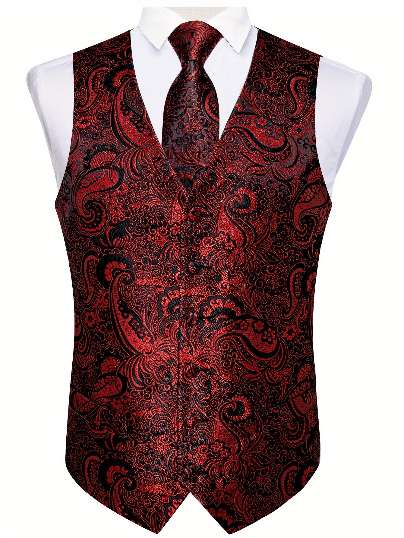 Men's plus size blue waistcoat set includes paisley necktie, cufflinks, and handkerchief. Perfect for formal occasions like weddings.