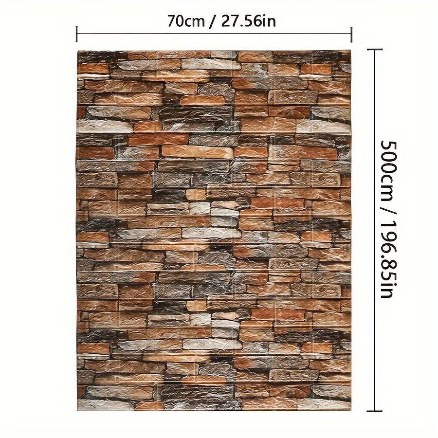 1 self-adhesive 3D foam wallpaper roll with retro brick pattern that is waterproof and oilproof, suitable for DIY furniture refurbishment in living rooms, kitchens, and bedrooms.