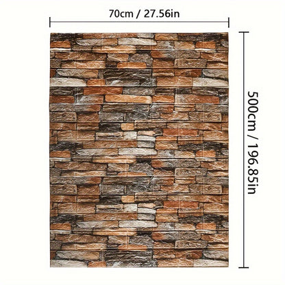 1 self-adhesive 3D foam wallpaper roll with retro brick pattern that is waterproof and oilproof, suitable for DIY furniture refurbishment in living rooms, kitchens, and bedrooms.