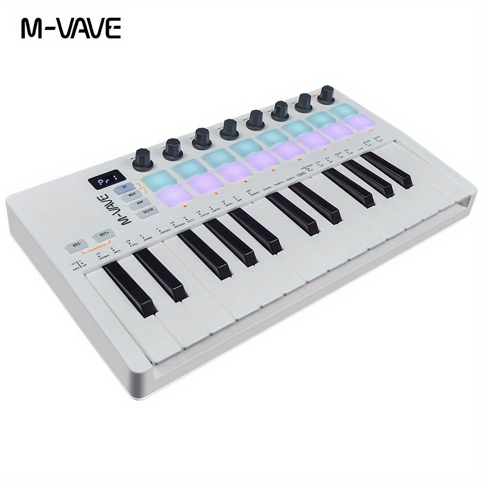 New M-VAVE SMK 25 II MIDI Keyboard with 8 Encoders, 16 RGB Backlights, Wireless MIDI, Speed Sensing, Vibrato, Touch Strip, 2000mAh Battery. Compatible with WINDOWS, MAC, IOS, Android.