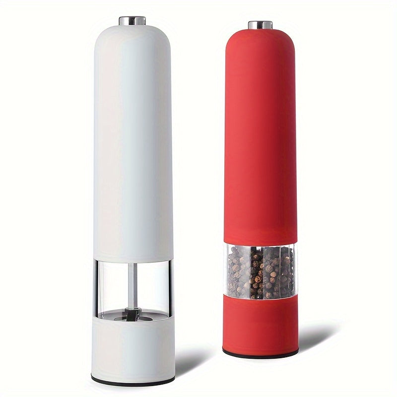 Automatic electric salt and pepper grinder set with adjustable coarseness, ideal for cooking and BBQs.