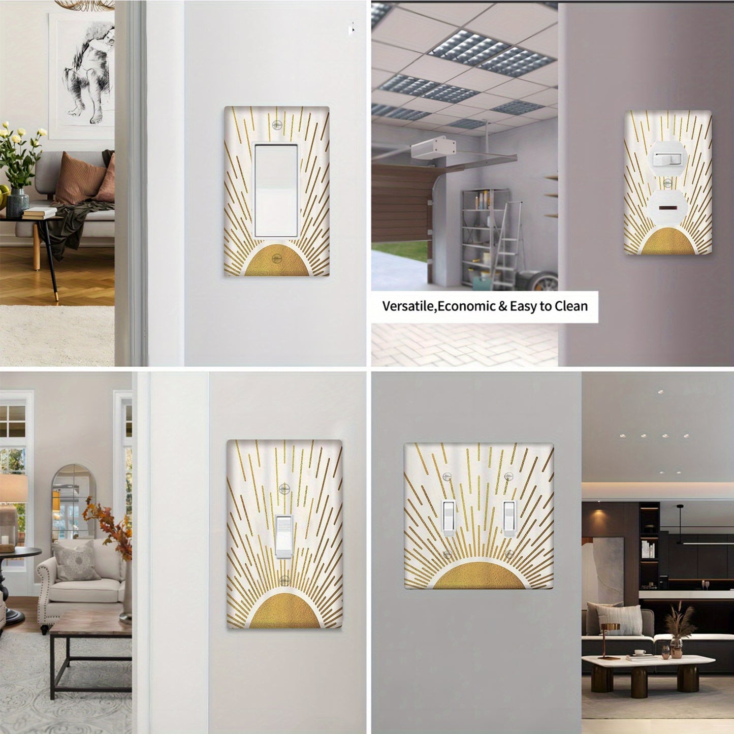 Golden sunrise light switch cover made of unbreakable polycarbonate for kitchen and home office.