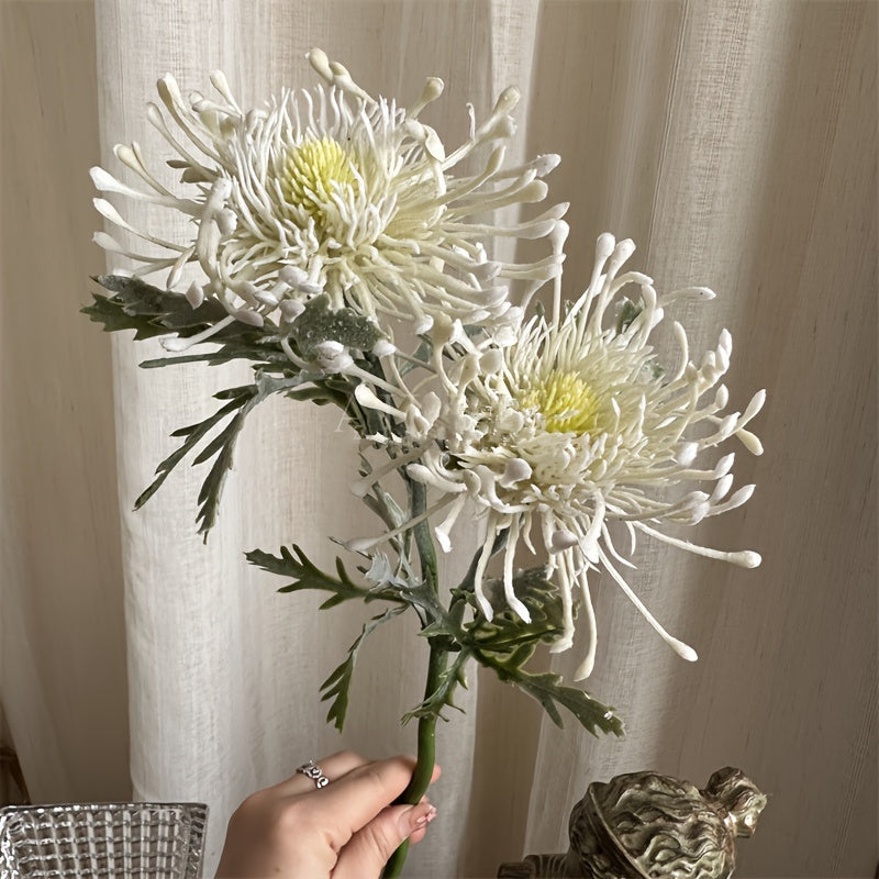 1 lifelike artificial chrysanthemum with 2 blooms - ideal for weddings, engagements, and home decor. Perfect for tabletops and photography props.