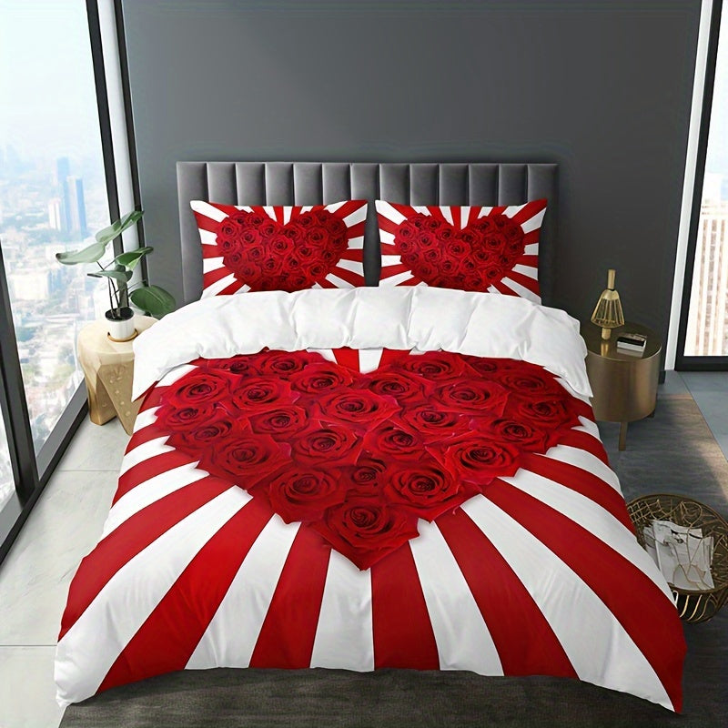 Set the mood with this romantic Red & White Rose Floral Print Bedding Set featuring 3 pieces - 1 Duvet Cover and 2 Pillowcases. Made from breathable polyester, this set offers all-season comfort with a high-definition print perfect for adding flair to