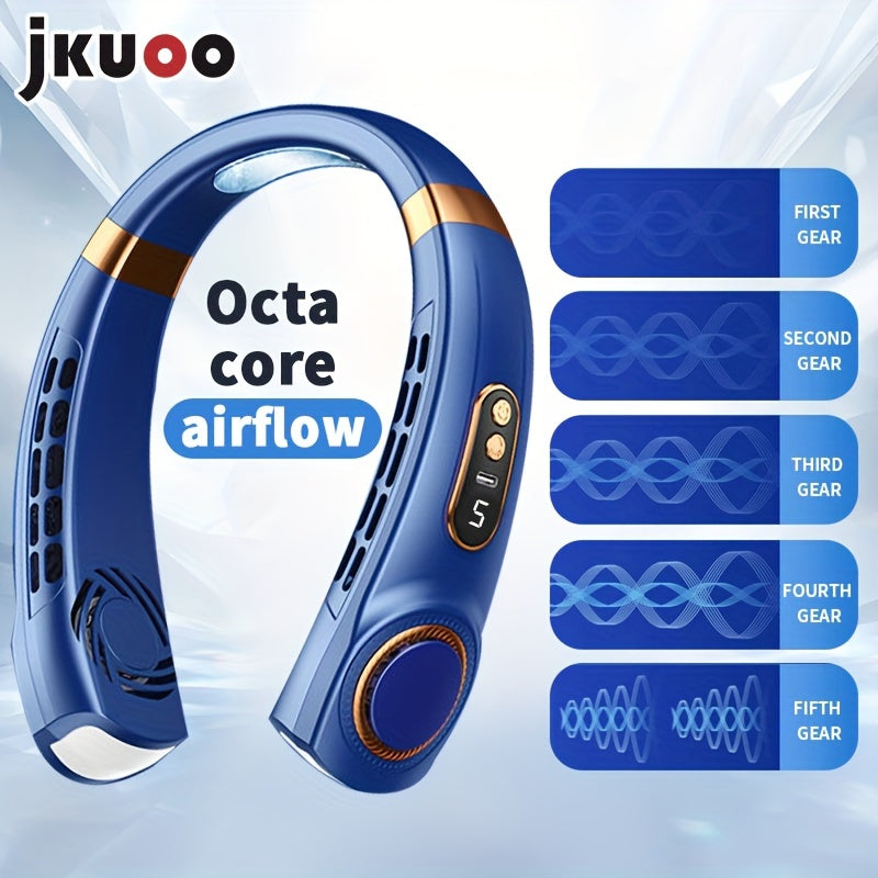 Stay cool and comfortable on-the-go with the 1pc JKUOO Portable Neck Fan. This innovative device features a 5-speed adjustable display, USB rechargeable lithium battery, and quiet operation. Perfect for use during sports, travel, and summer activities