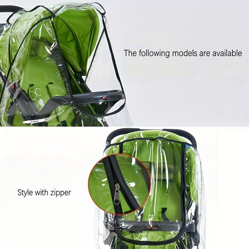 Transparent rain cover for strollers with windproof, dustproof, and rainproof canopy, featuring a black zipper.