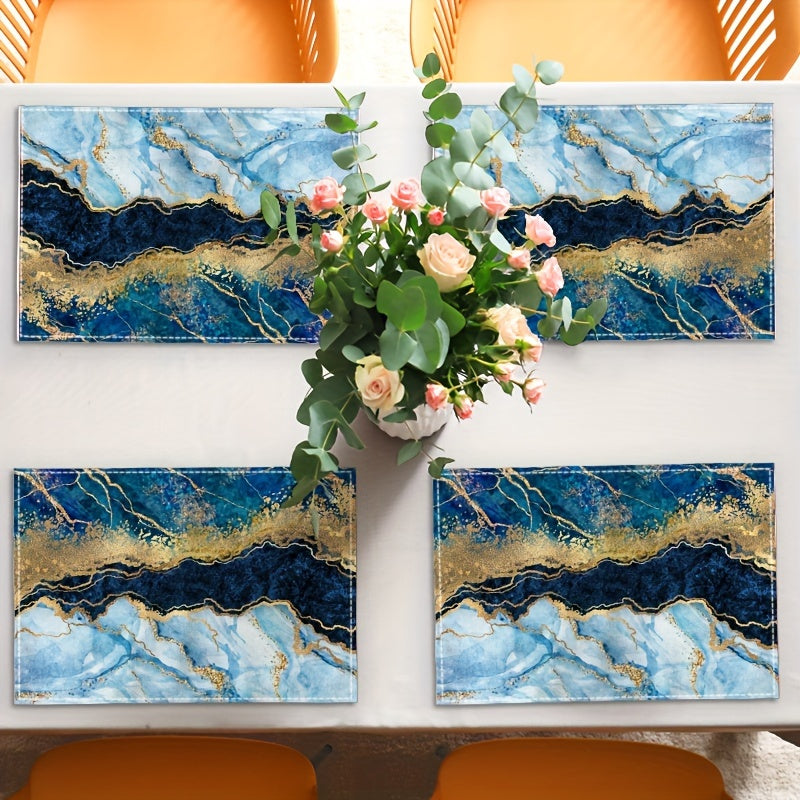 4 abstract art printed placemats with heat insulation, waterproof polyester material, perfect for dining table decor.