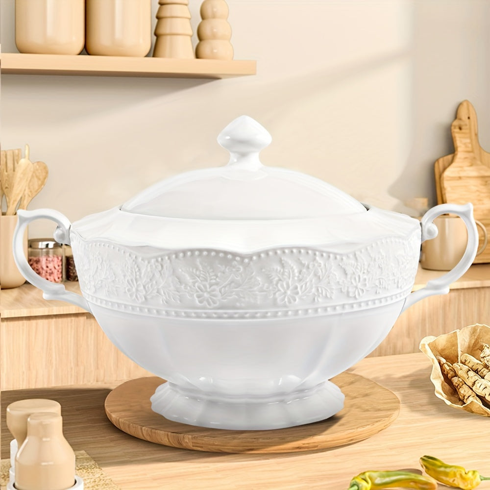 Beautiful White Ceramic Soup Tureen with Lid and Handle - Ideal for Use at Home, Restaurants, and Parties