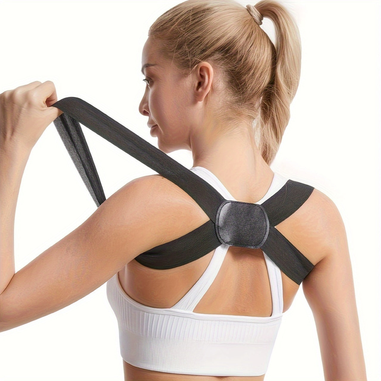 Gender-neutral invisible back support strap made of lightweight polyester and polyurethane blend. Solid color, comfortable for both men and women.