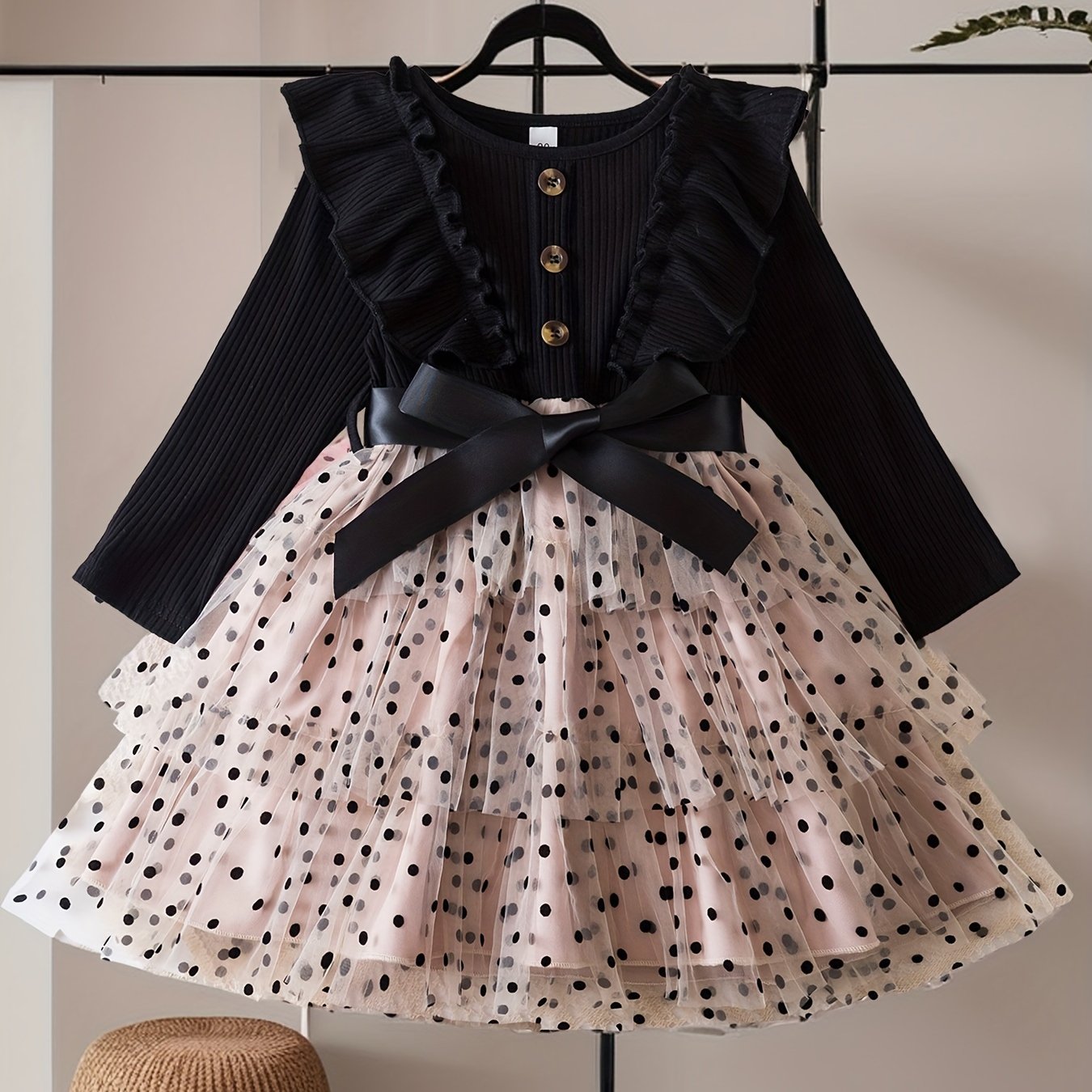 Stylish Polka Dot Princess Dress with Mesh Layered Tutu for Winter/Fall