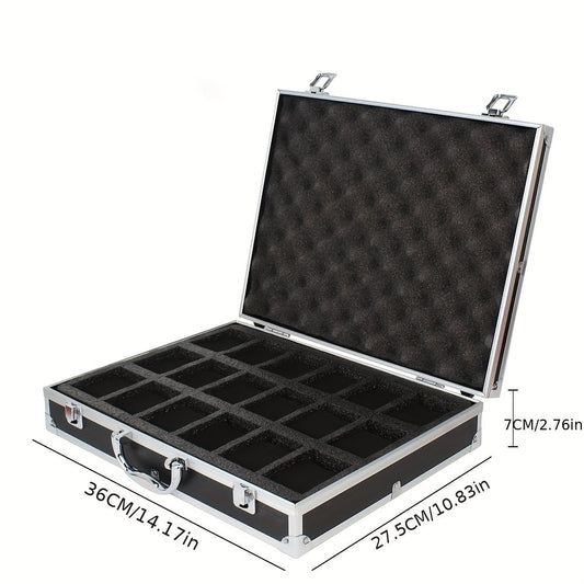 One piece of an aluminum alloy watch storage box with 18 slots, designed for men watch collectors. This portable clock display box can also be used as a gift box.