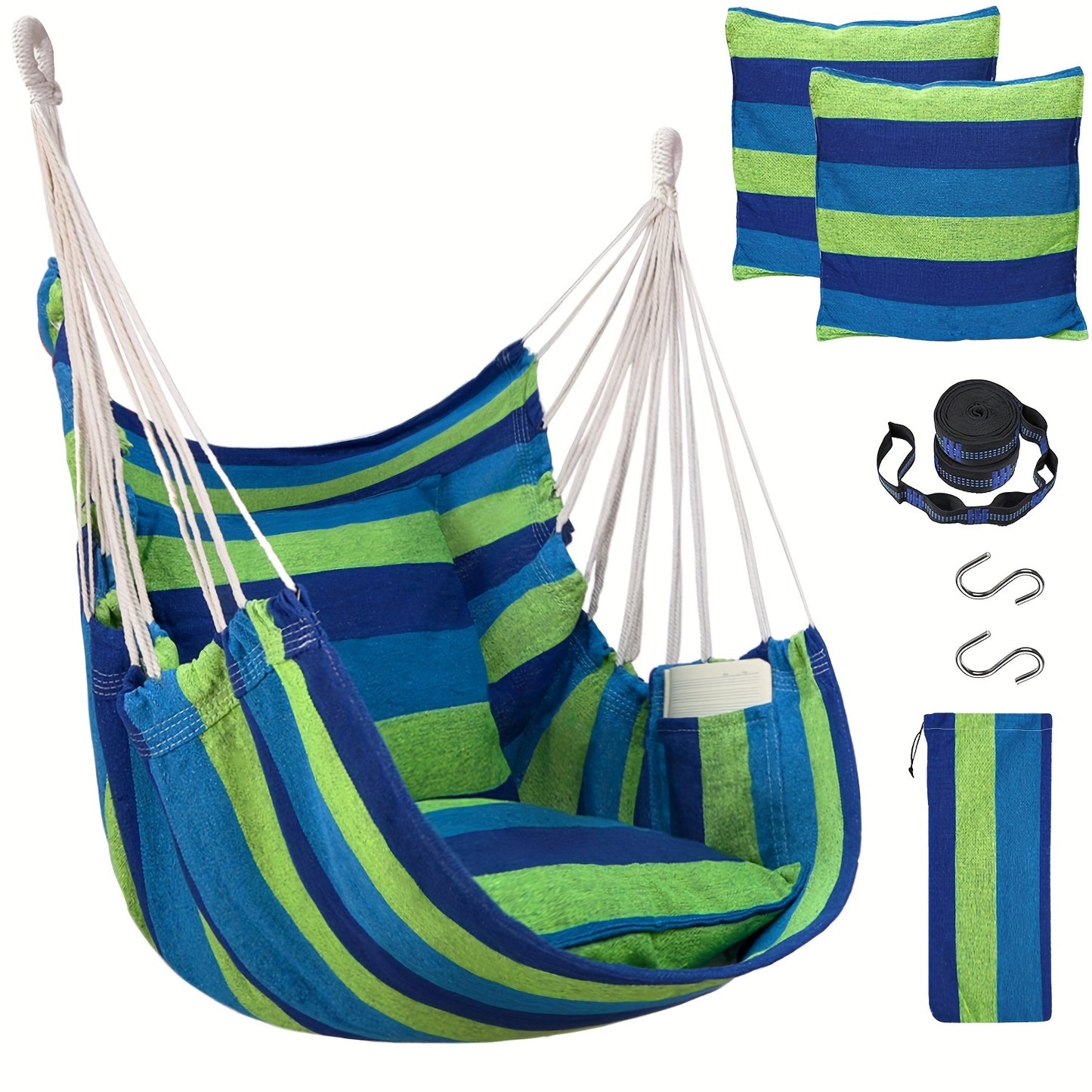 The package includes a hammock chair, two thick cushions, two 1.5-meter straps with 5 loops and 1 buckle, two climbing S-hooks, and a canvas storage bag. High-end configuration for export