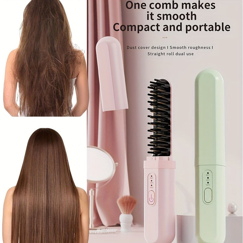 Portable wireless hair straightening brush with USB rechargeable lithium battery, anti-scald technology, wet/dry use, and negative ion feature - perfect for home, travel, and outdoor use.