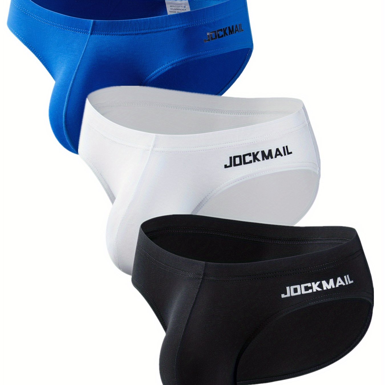 3-pack JOCKMAIL Men's Low Waist Briefs in Blue, White, & Black with "JOCKMAIL" Waistband Detail, made of Breathable & Comfortable Cotton Blend.