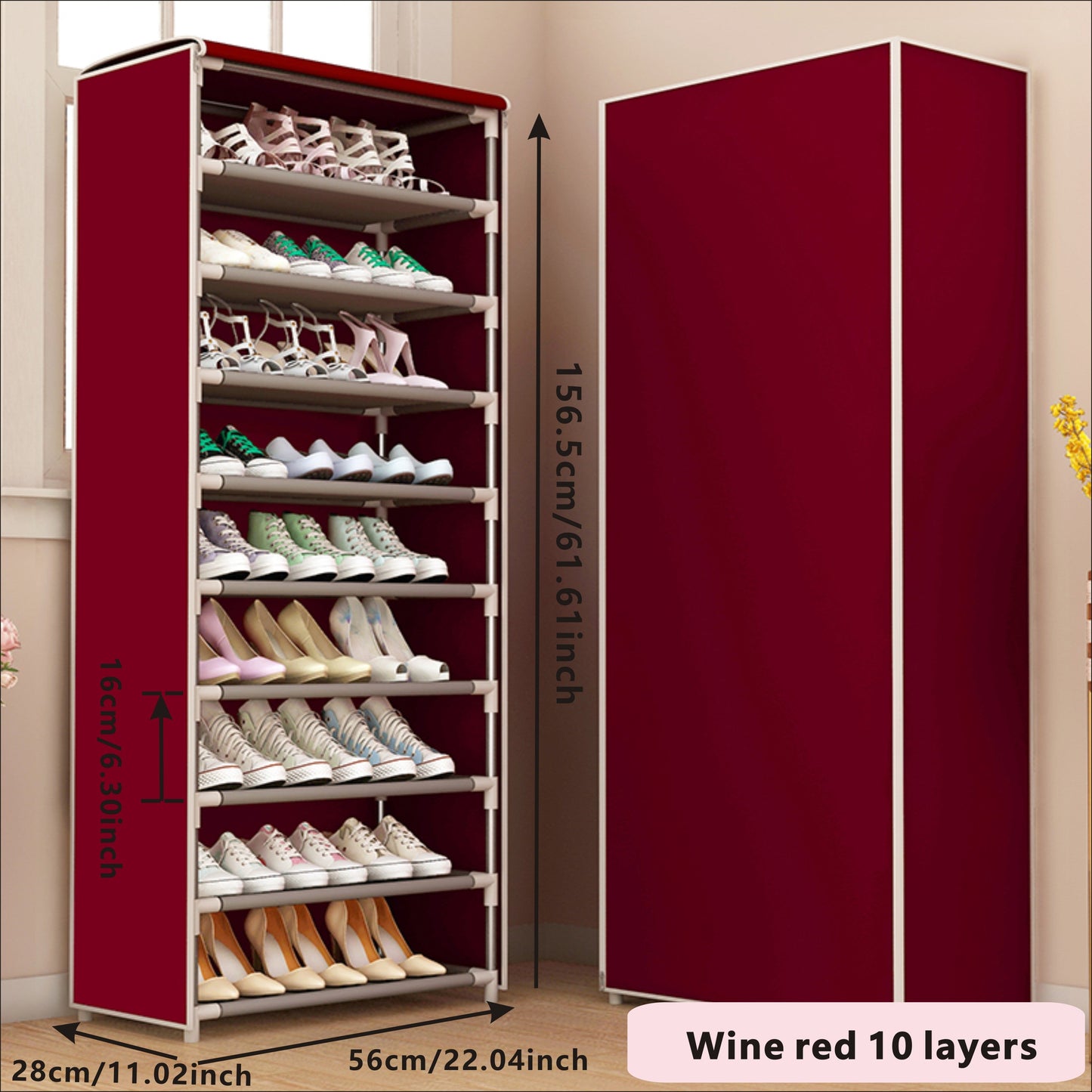 Stylish and durable shoe cabinet with dust cover, featuring a fabric cover with zipper. This shoe rack is perfect for hallways, closets, and garages. The free-standing metal shoe storage rack comes in various patterns.