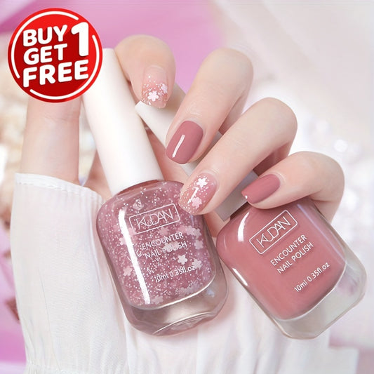 Set of 2 pink water-based nail polishes for daily wear, exfoliating, quick-dry, and alcohol-free. For adults.