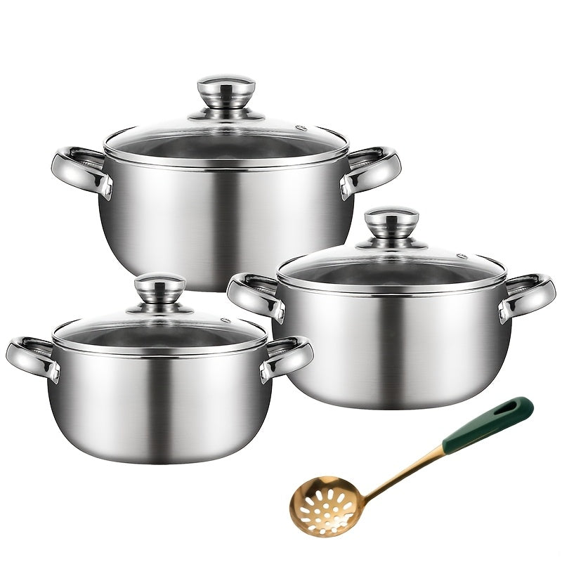 High quality Stainless Steel Cookware Set containing 6-7 pieces. Featuring a sturdy Classic Stockpot with a Glass Lid, suitable for Cooking Soup, Noodles, and other dishes. This set is Heat Resistant, Non-stick, and Easy to Clean, making it ideal for use